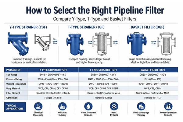 YUBO Pipeline filter selection for industrial applications, including Y-type, T-type, and high-flow wedge wire filters. Learn how to select the right pipeline filter for your industrial system. 
